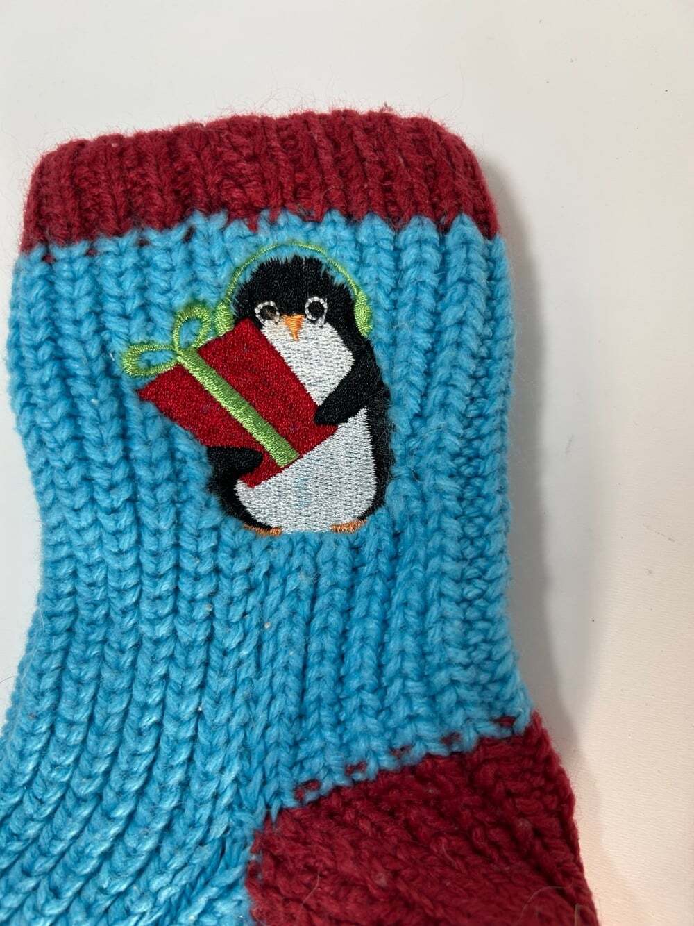 Knitted Penguin Blue and red grip socks Christmas anti slip